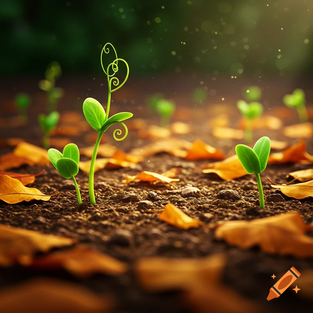Close-up of young green plant sprouts growing from dark soil with scattered orange autumn leaves, sunlight shining in the background.