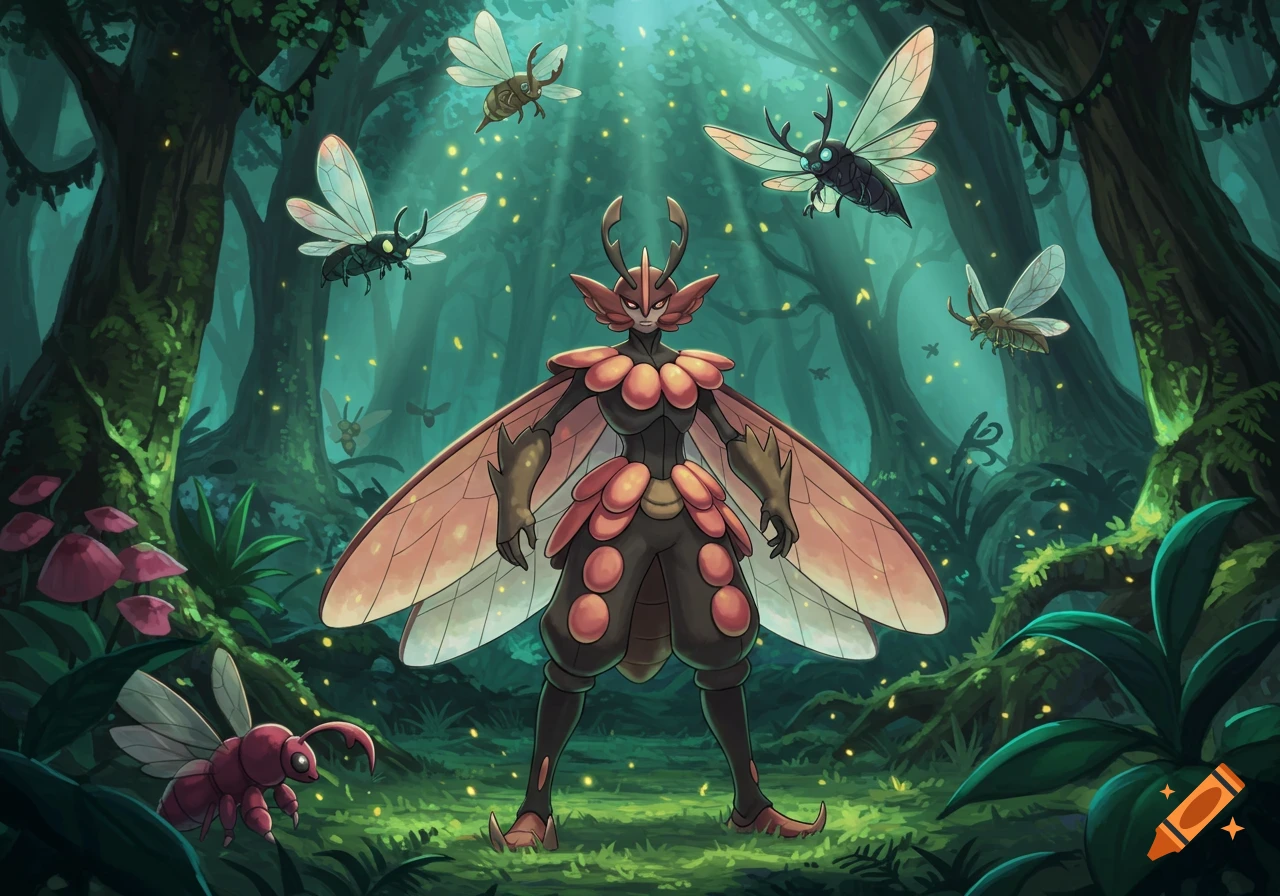 A humanoid bug-like creature, resembling a Pokémon gym leader, stands in a mystical forest with glowing fireflies and other flying insects. Stylized illustration.