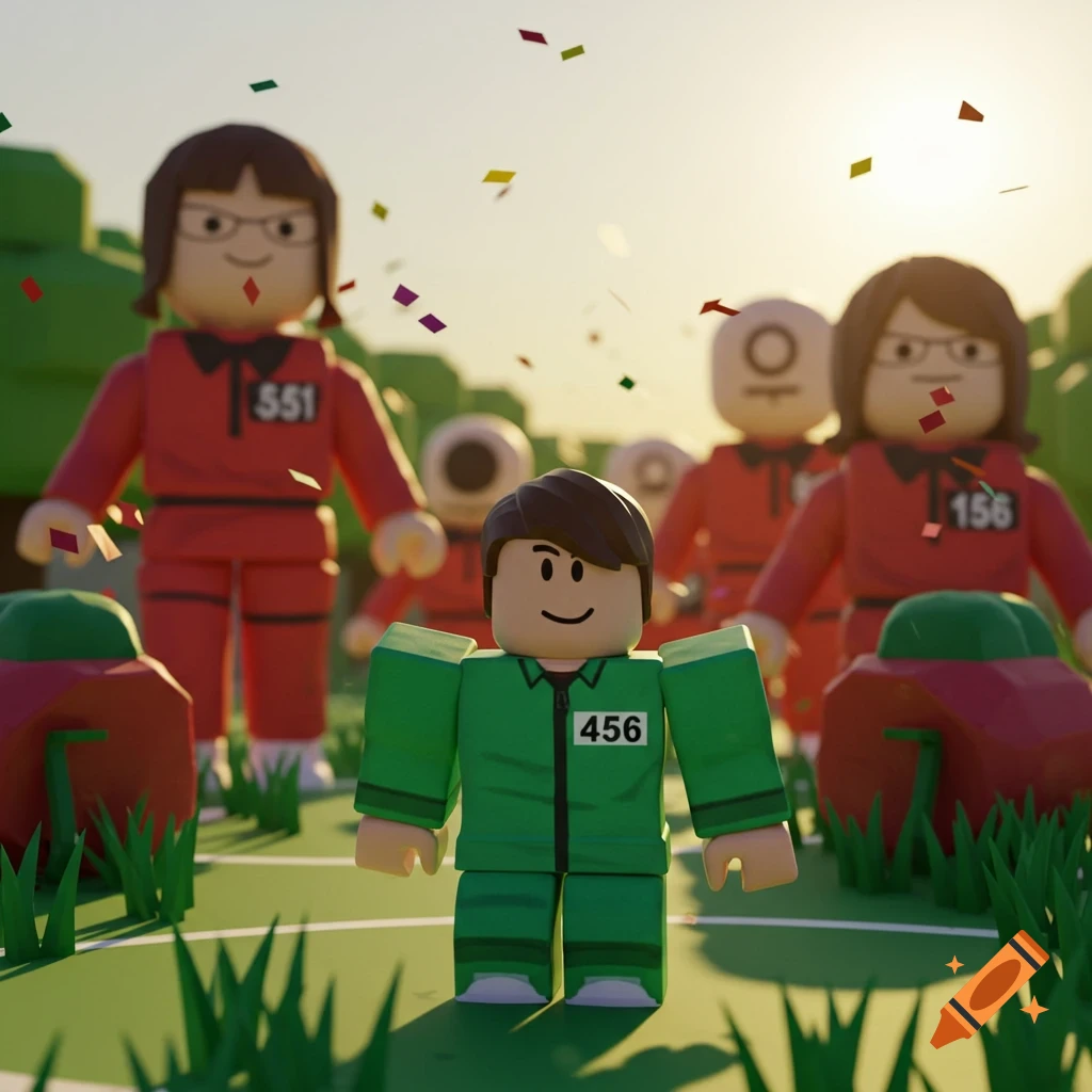 A 3D render of Roblox-style characters in Squid Game tracksuits on a grassy field with confetti, featuring character 456 in green.