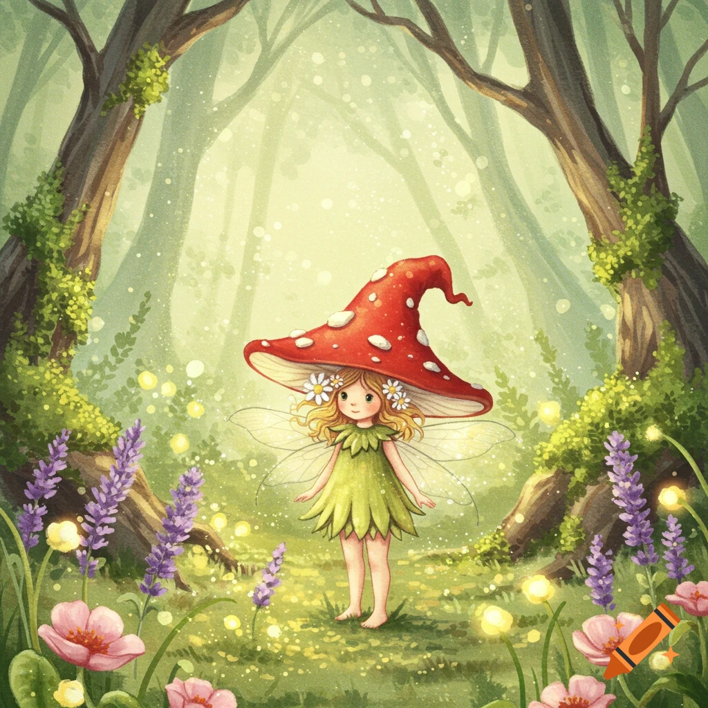Soft watercolor illustration of a small fairy girl with a red mushroom cap hat and daisy flowers in her hair, standing in a magical forest with glowing flowers.