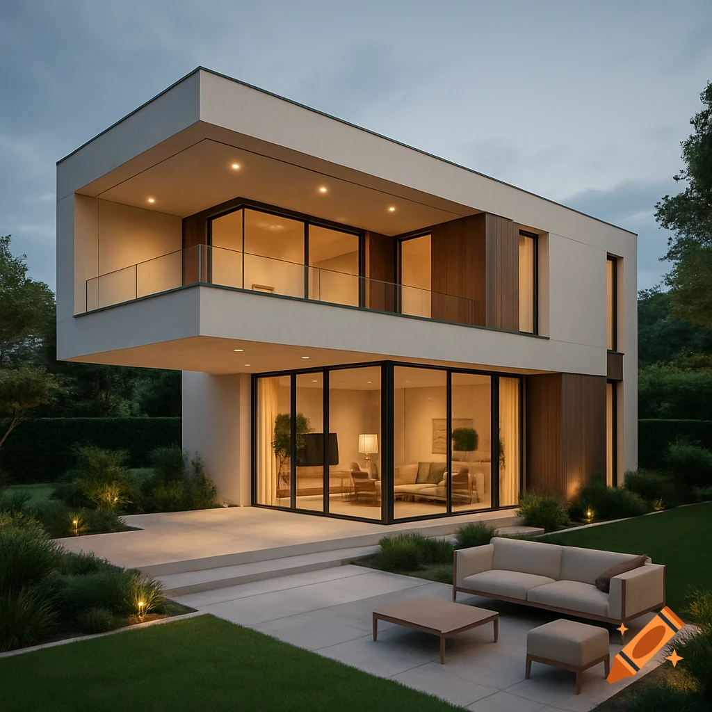 Photorealistic image of a modern L-shaped house with large windows and a well-kept garden at dusk.