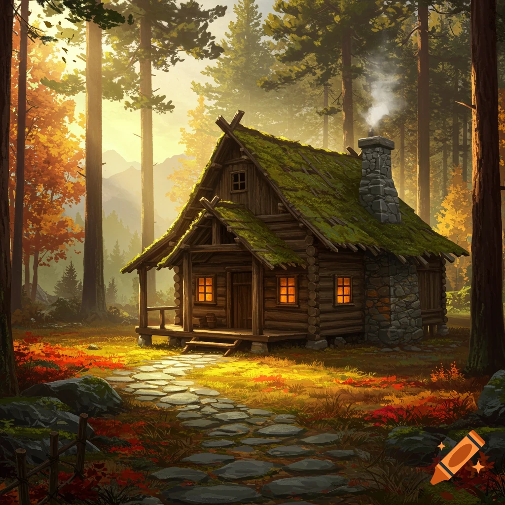 A cozy wooden cabin with a mossy roof and glowing windows sits nestled in a vibrant autumn forest with a stone path.