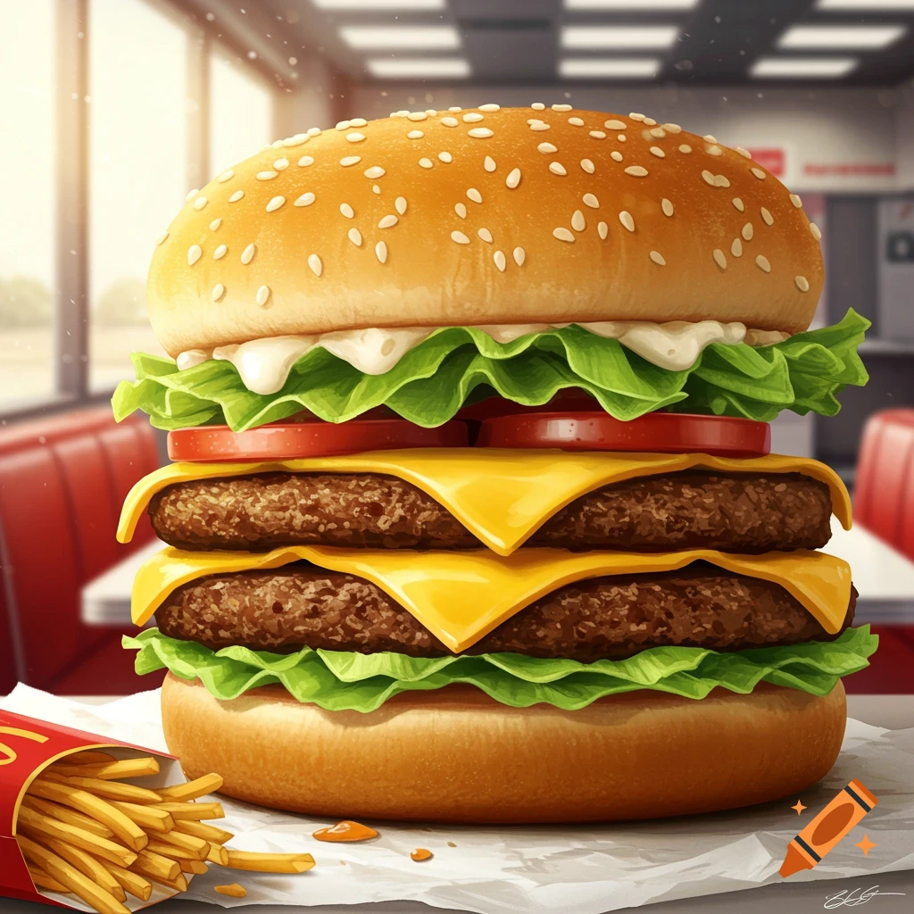 A large, detailed double cheeseburger with lettuce, tomato, and sauce, next to a red carton of fries, set in a brightly lit fast-food restaurant.