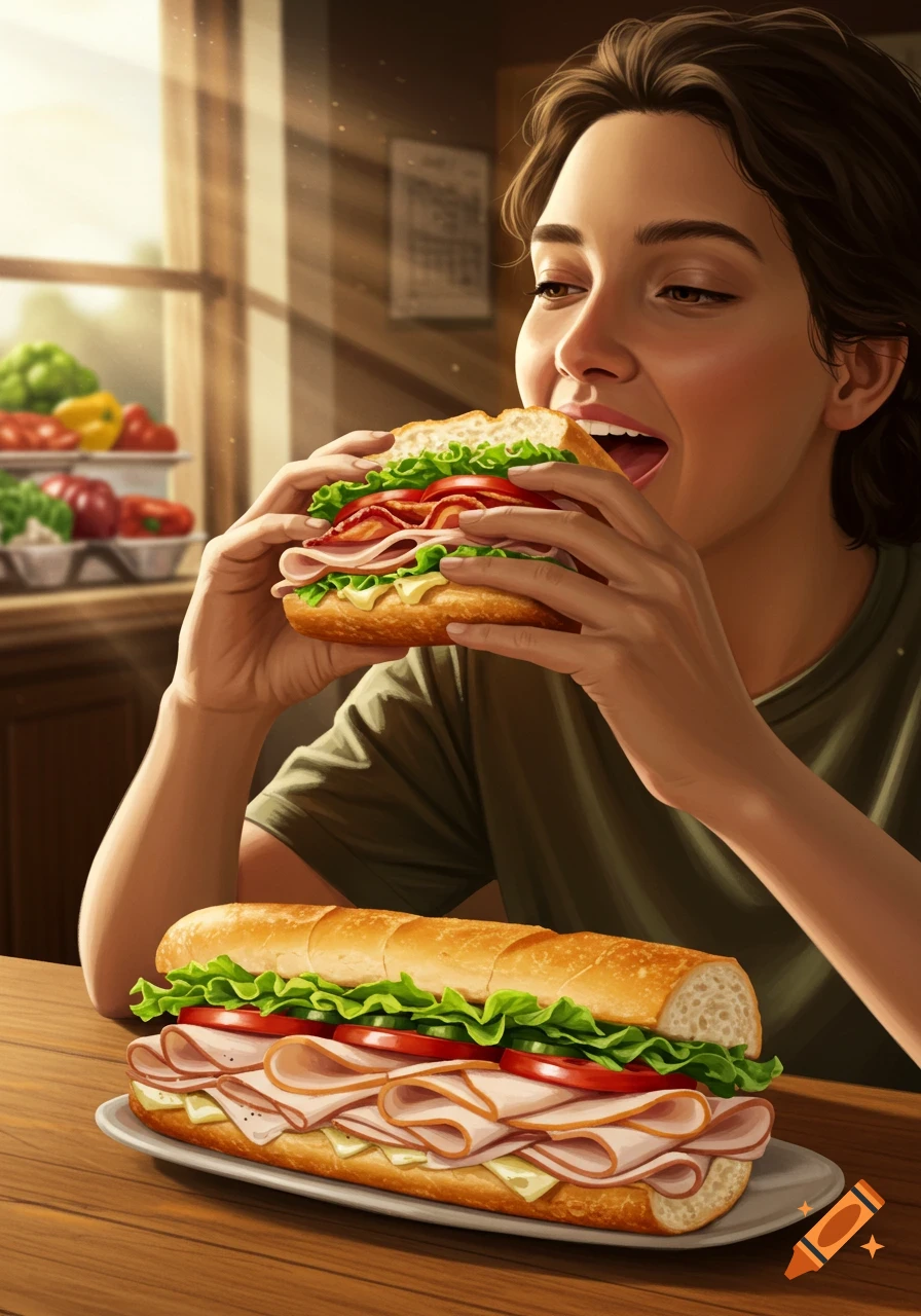 A person takes a bite out of a large sandwich filled with meat, cheese, lettuce, and tomatoes, with another sandwich on a plate nearby.