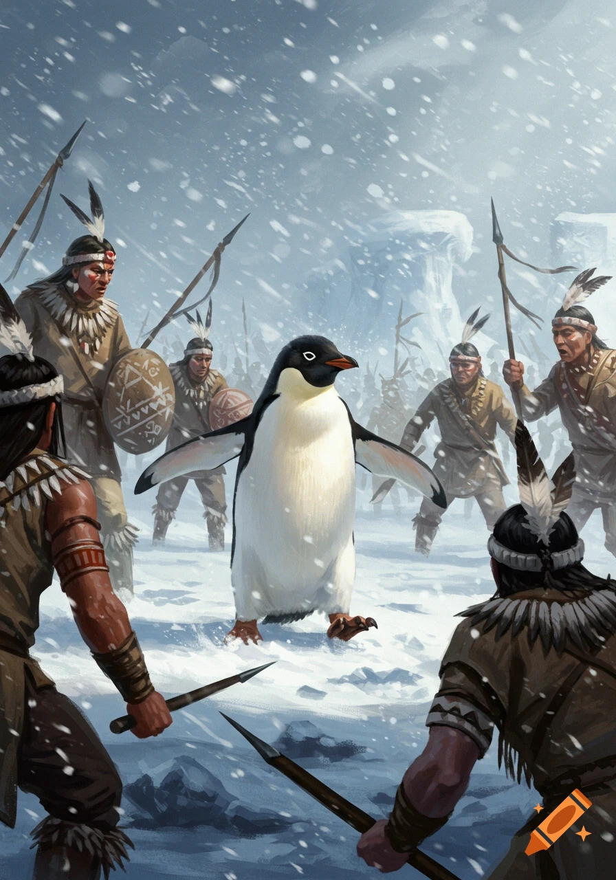 A lone penguin stands in a blizzard, surrounded by ancient warriors holding spears and shields, in a digital painting.