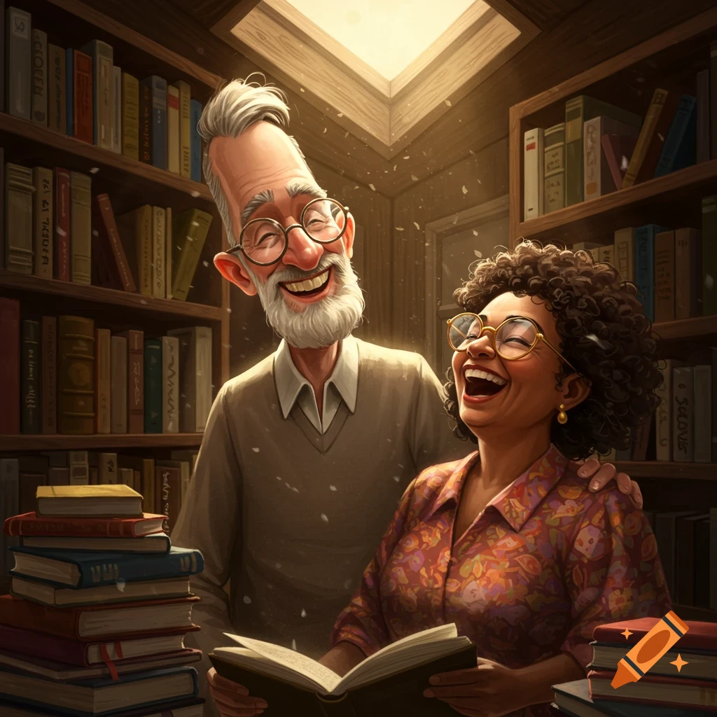 A smiling, elderly man with an exaggerated tall forehead stands behind a laughing woman with curly hair, both in a cozy library with stacks of books.
