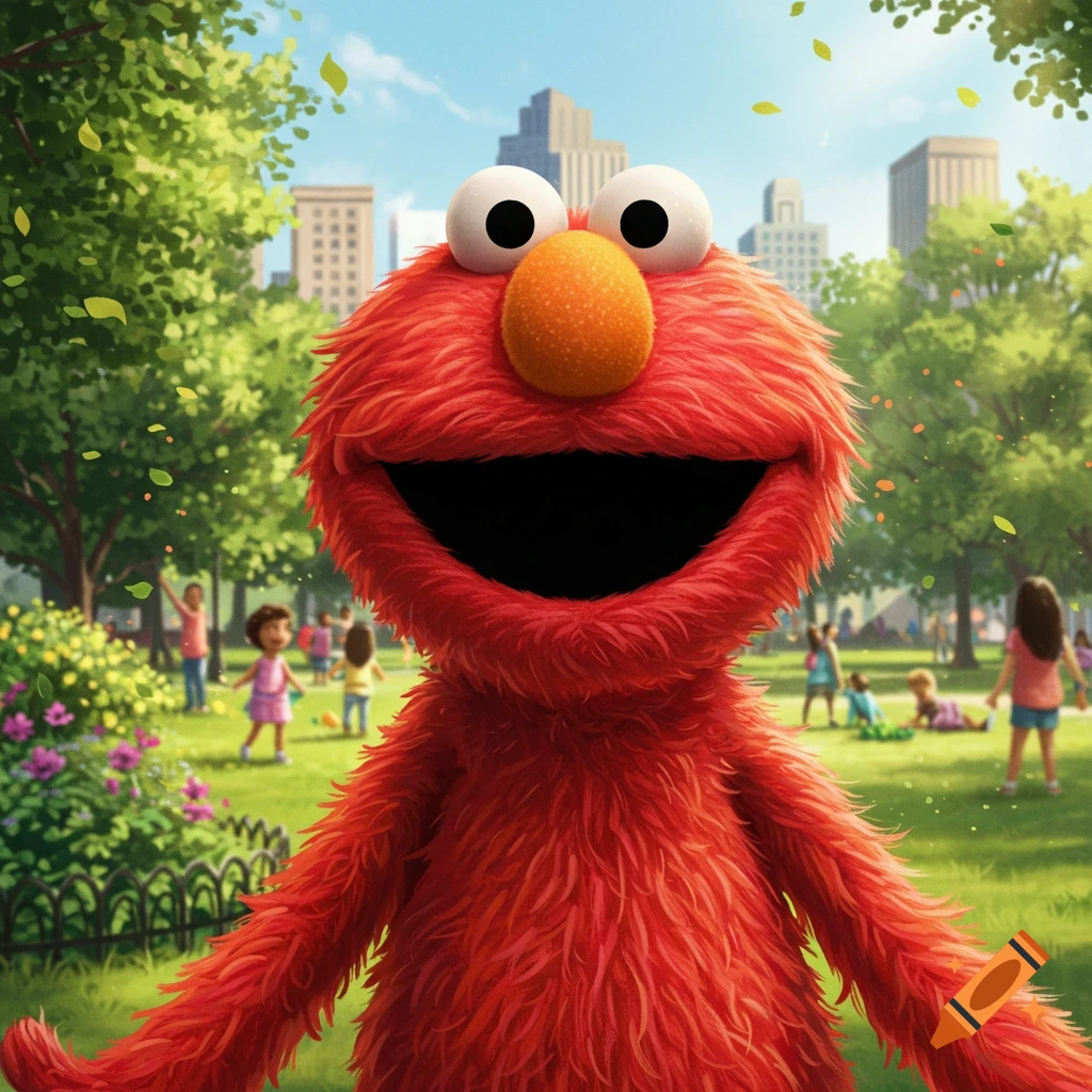 Close-up of Elmo smiling broadly in a sunny park with children playing and city buildings in the background.