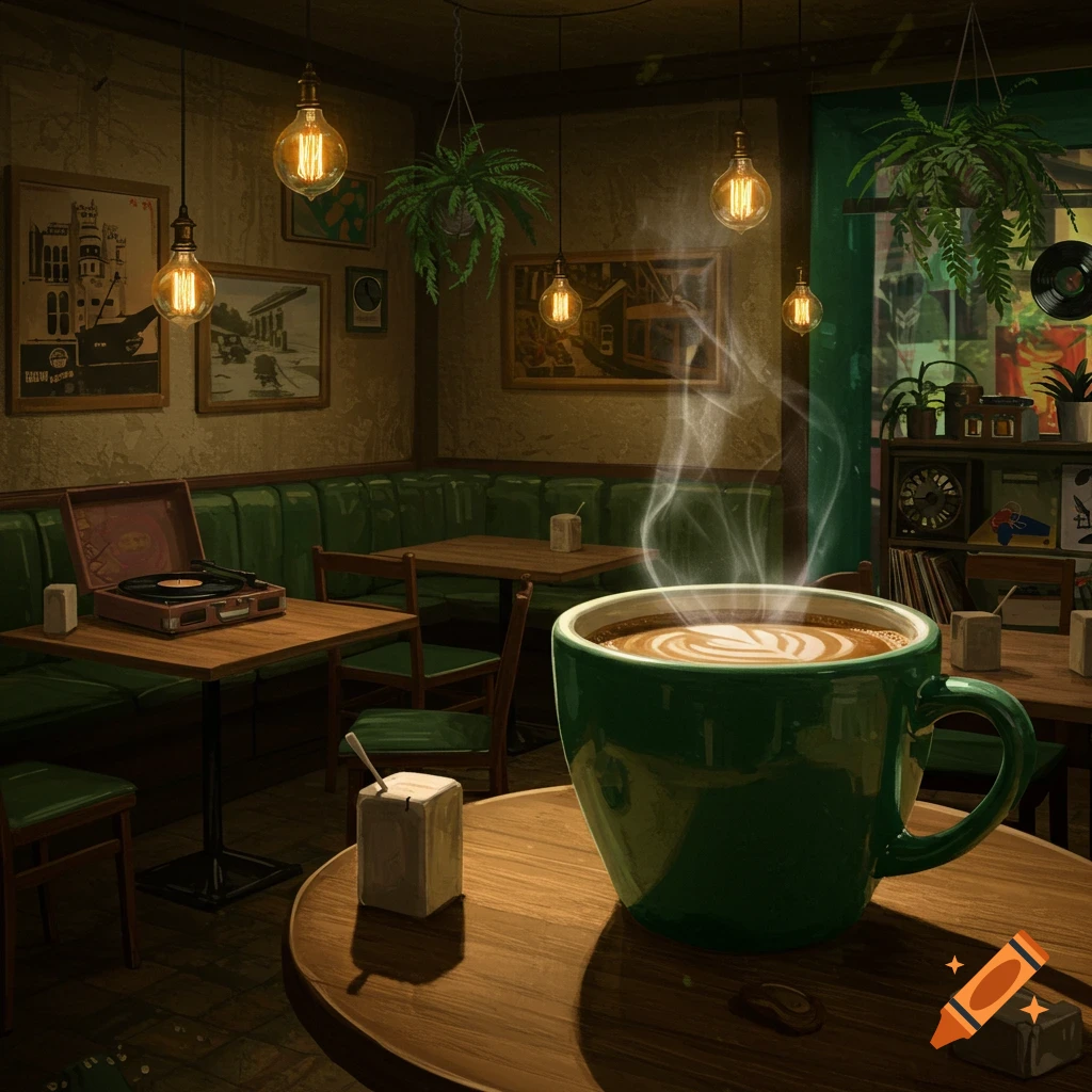 A cozy, dimly lit coffee shop with a large steaming cup of latte art in the foreground, records, and hanging plants.