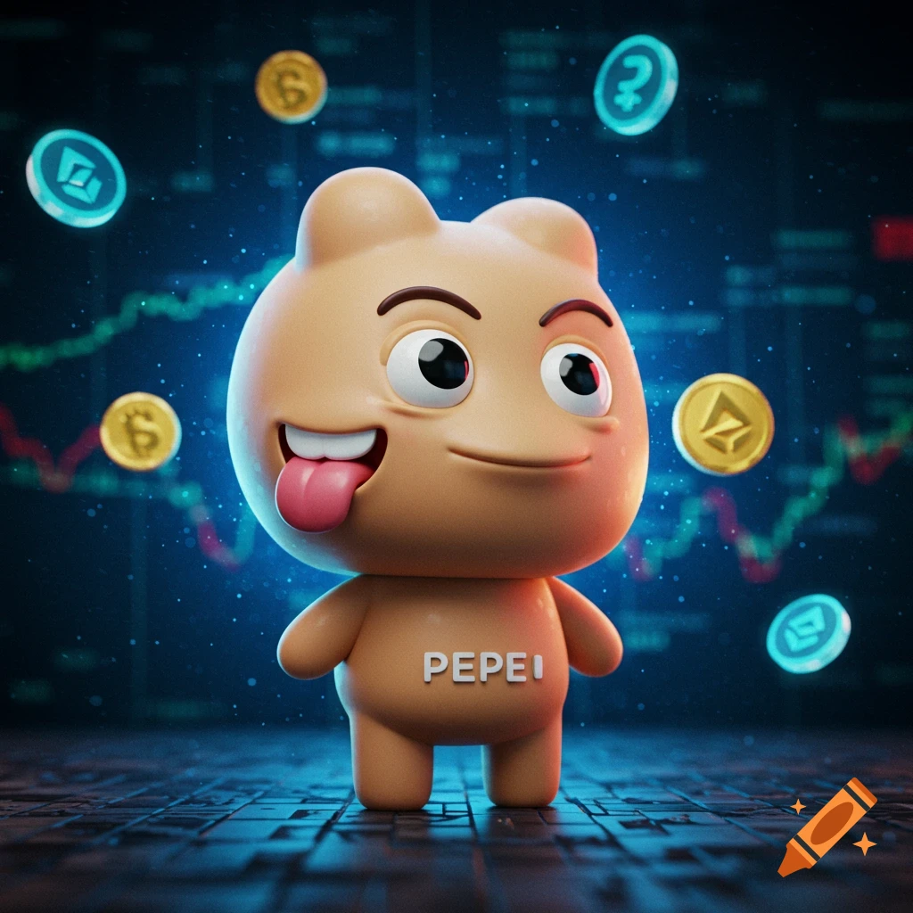 A 3D cartoon character, a mix of a bear and blob, with tongue out, stands before crypto charts and coins. 'PEPEI' on its chest.