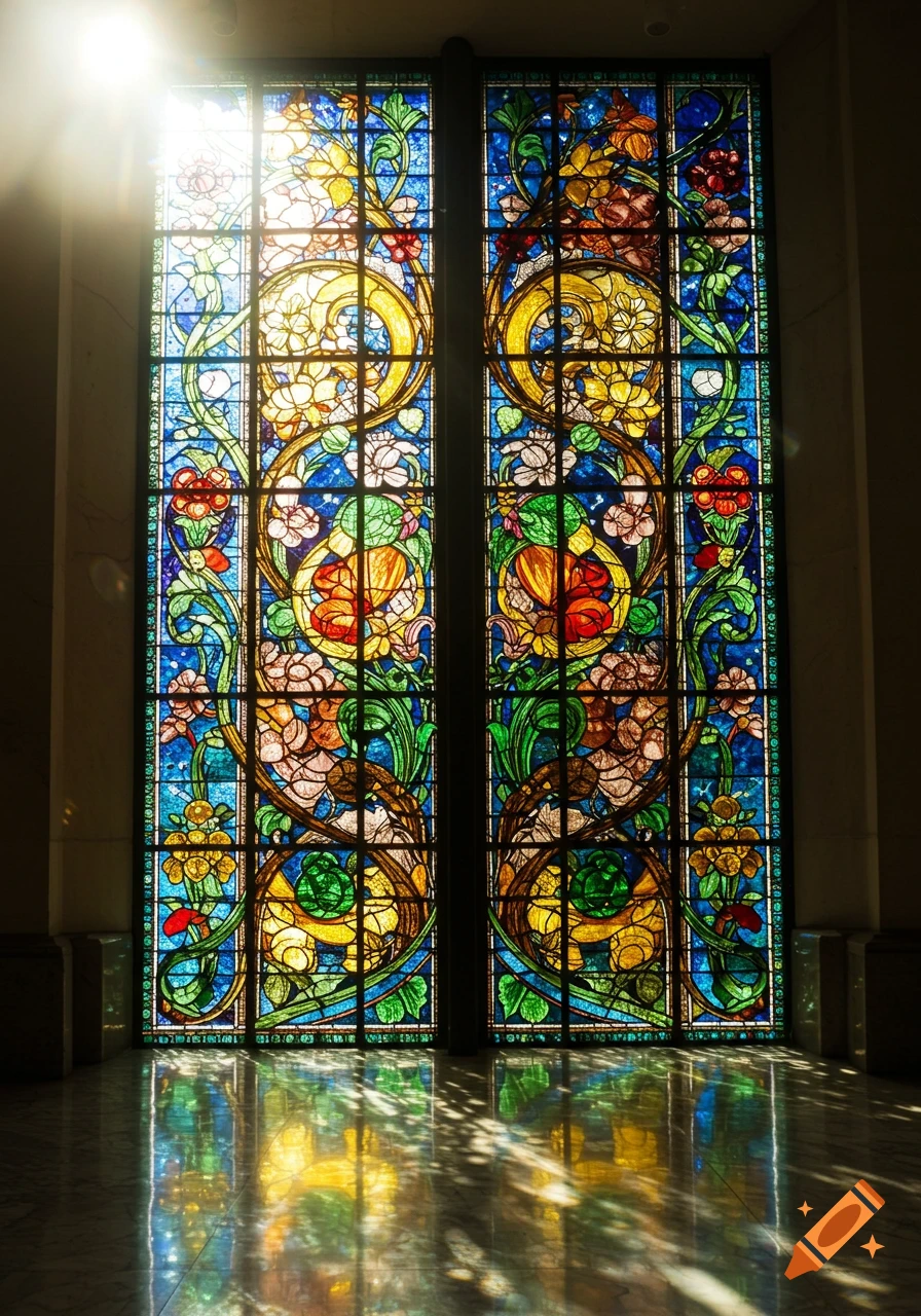 Vibrant stained glass window with colorful floral and scroll patterns, sunlight casting reflections on the floor.