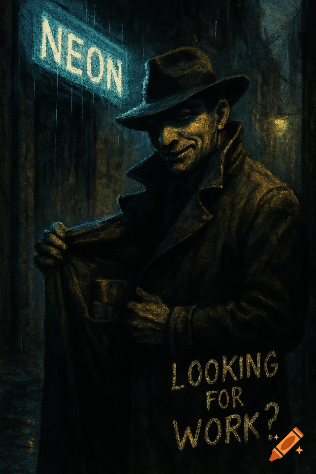 A man in a trench coat and fedora in a dark, rainy street, with a neon sign and text 'Looking for Work?' in a noir illustration style.