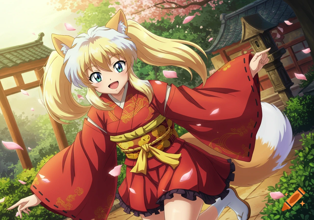 Blonde anime girl with fox ears and tail in a red kimono, standing in a Japanese garden with cherry blossoms and a torii gate.