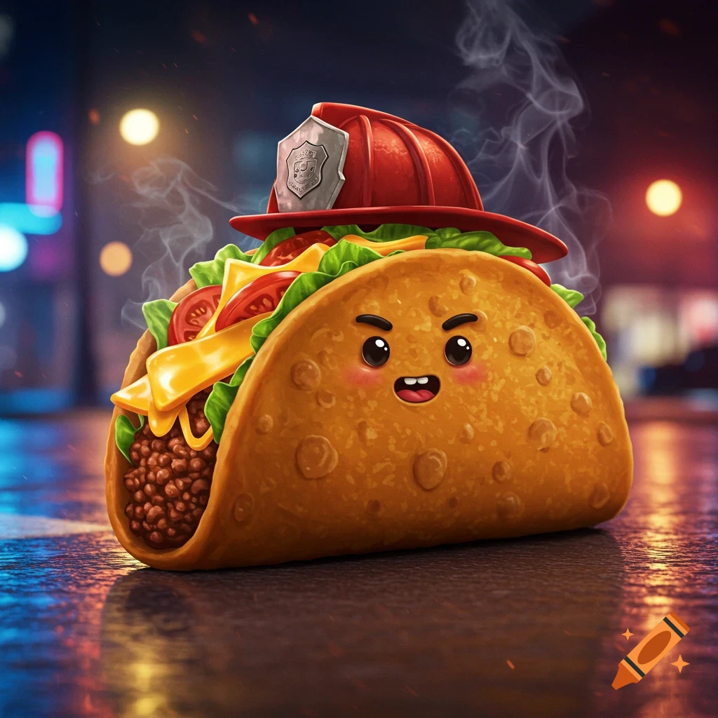 A cute, steaming cartoon taco with a happy face wears a red firefighter's helmet in a blurry night city background.