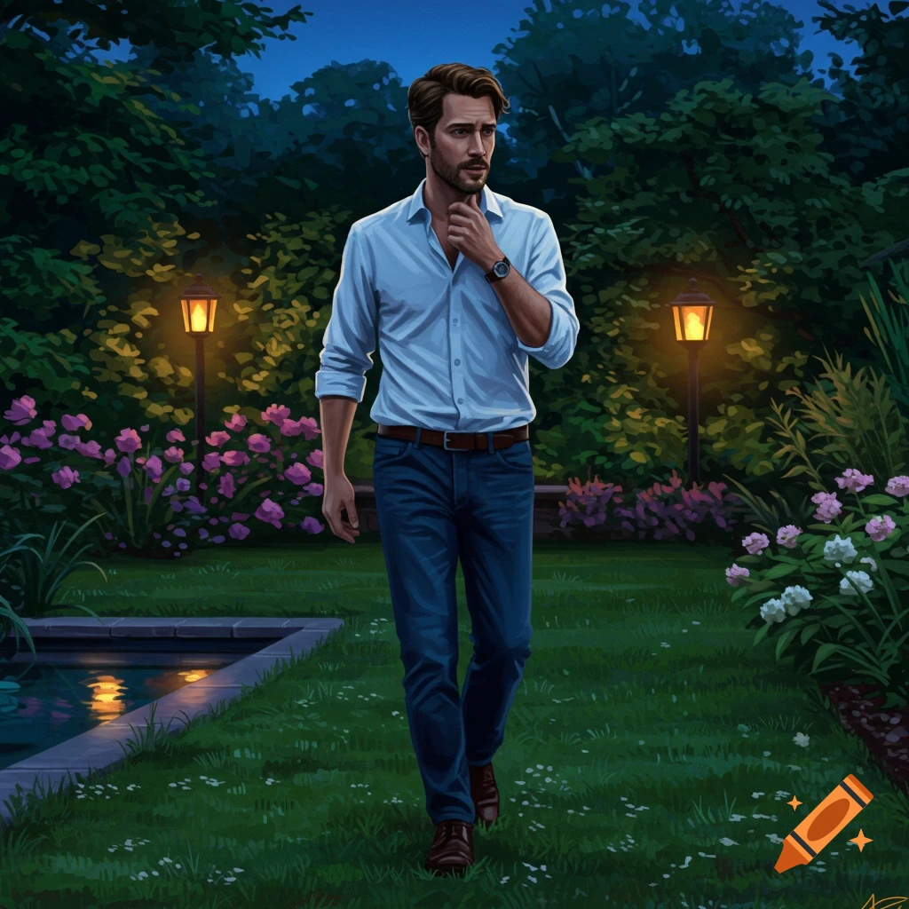 An illustrated man in a light shirt and jeans walks thoughtfully through a garden with glowing lanterns at night.