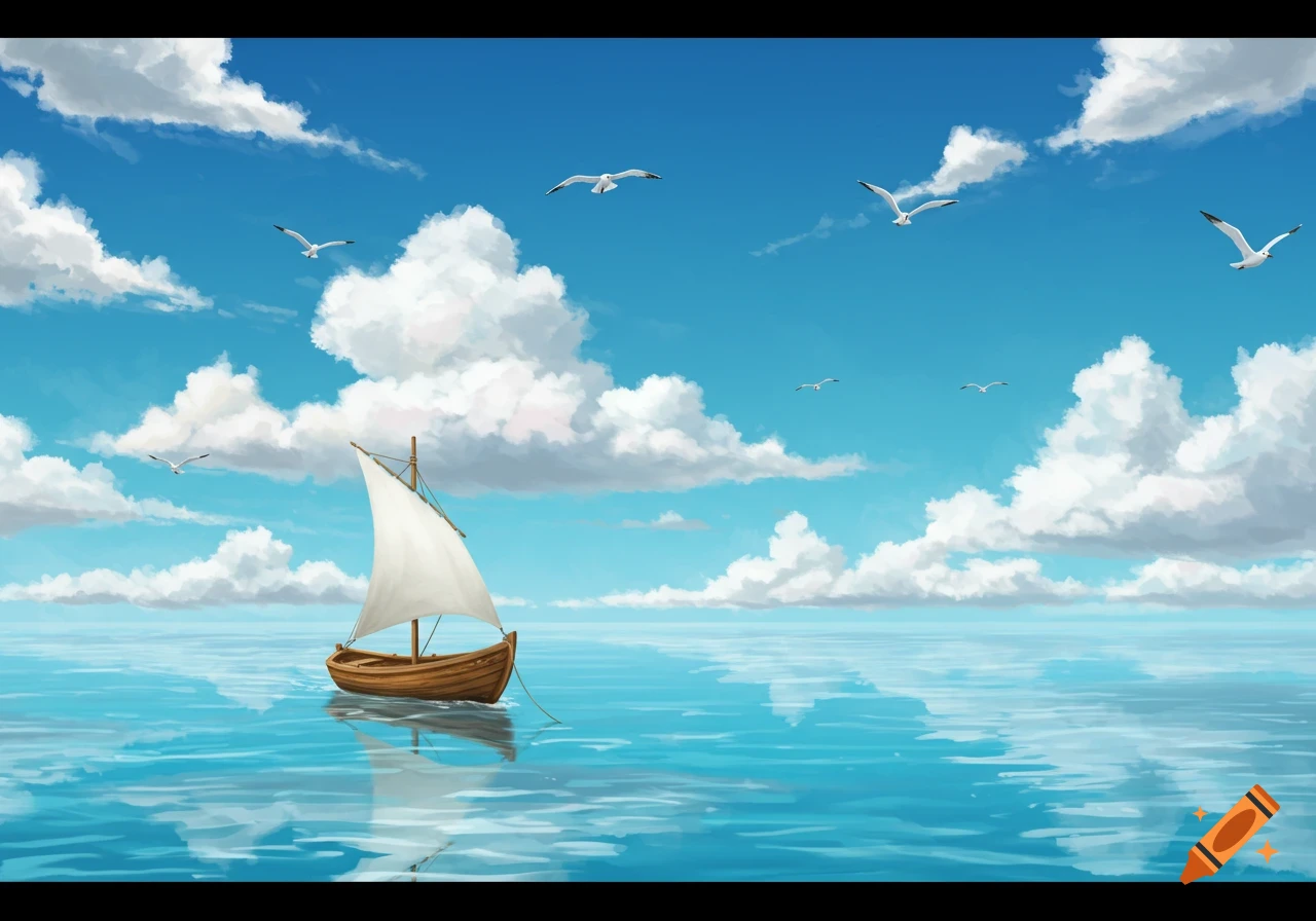 An illustrated small sailboat drifts on calm blue water under a bright sky with white clouds and flying seagulls.