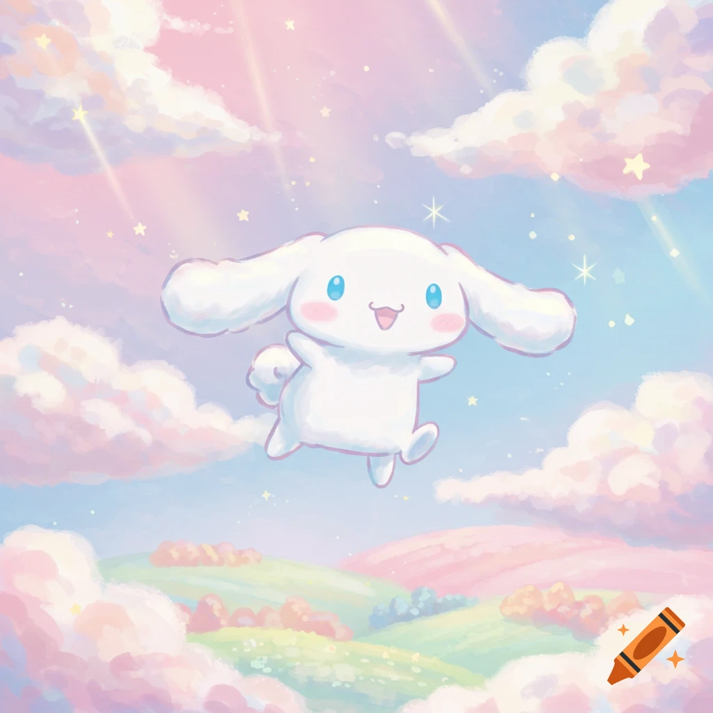 Cinnamoroll floats happily in a pastel sky with fluffy clouds, soft hills, sunbeams, and sparkling stars in a dreamy, illustrative style.