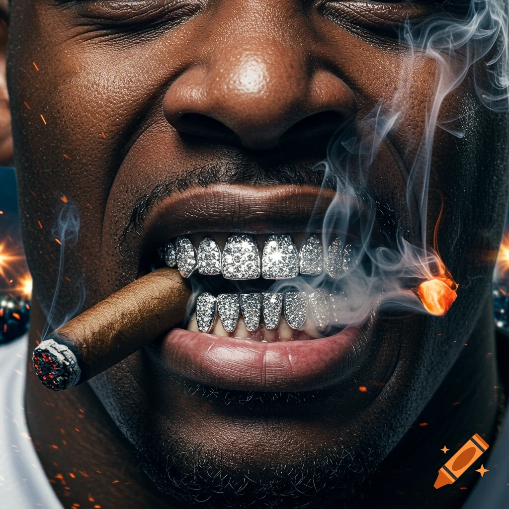Close-up portrait of a person with diamond teeth grills biting a smoky cigar.