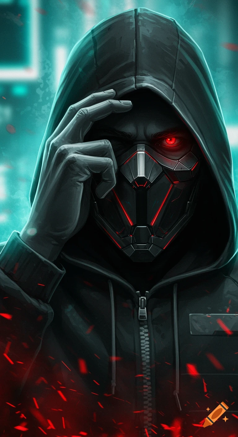 Close-up portrait of a mysterious hooded figure wearing a black polygonal mask with glowing red accents and a single red eye, in a cyberpunk style.