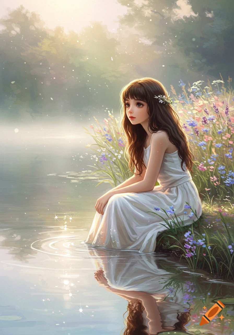 Ethereal painting of a girl with long dark hair and a white dress sitting by a lake surrounded by wildflowers.