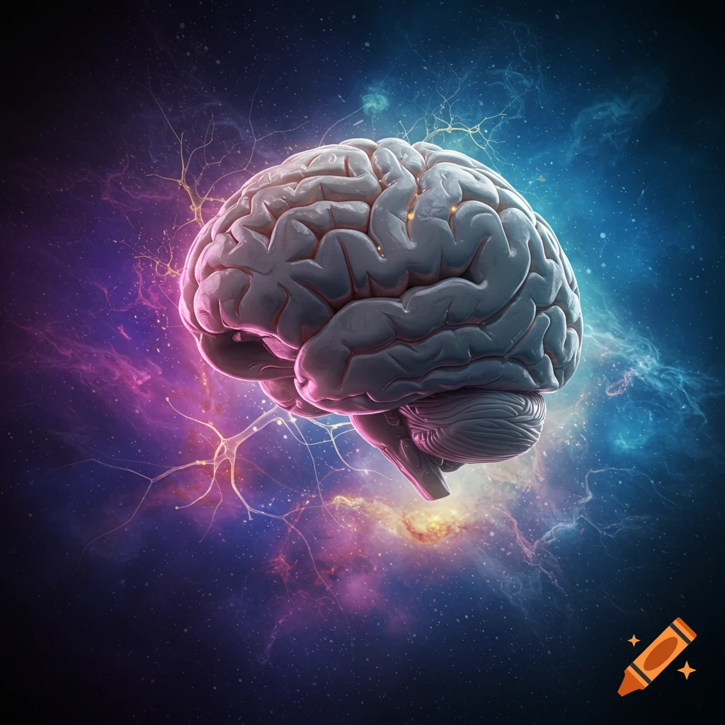 A detailed, realistic human brain floats amidst a vibrant purple and blue cosmic nebula with glowing neural connections.