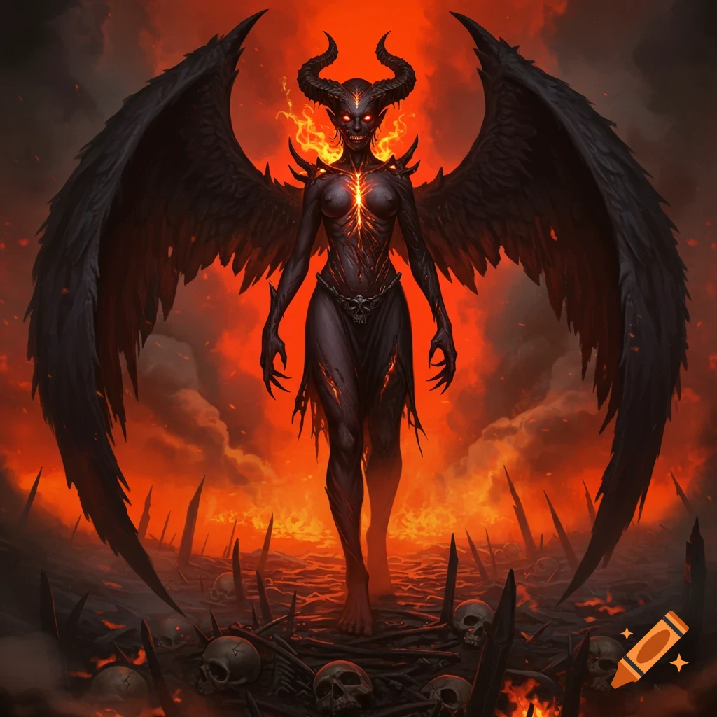 A terrifying demonic female figure with horns, glowing red eyes, and black wings stands in a hellish landscape of bones and fire, depicted in dark digital art.