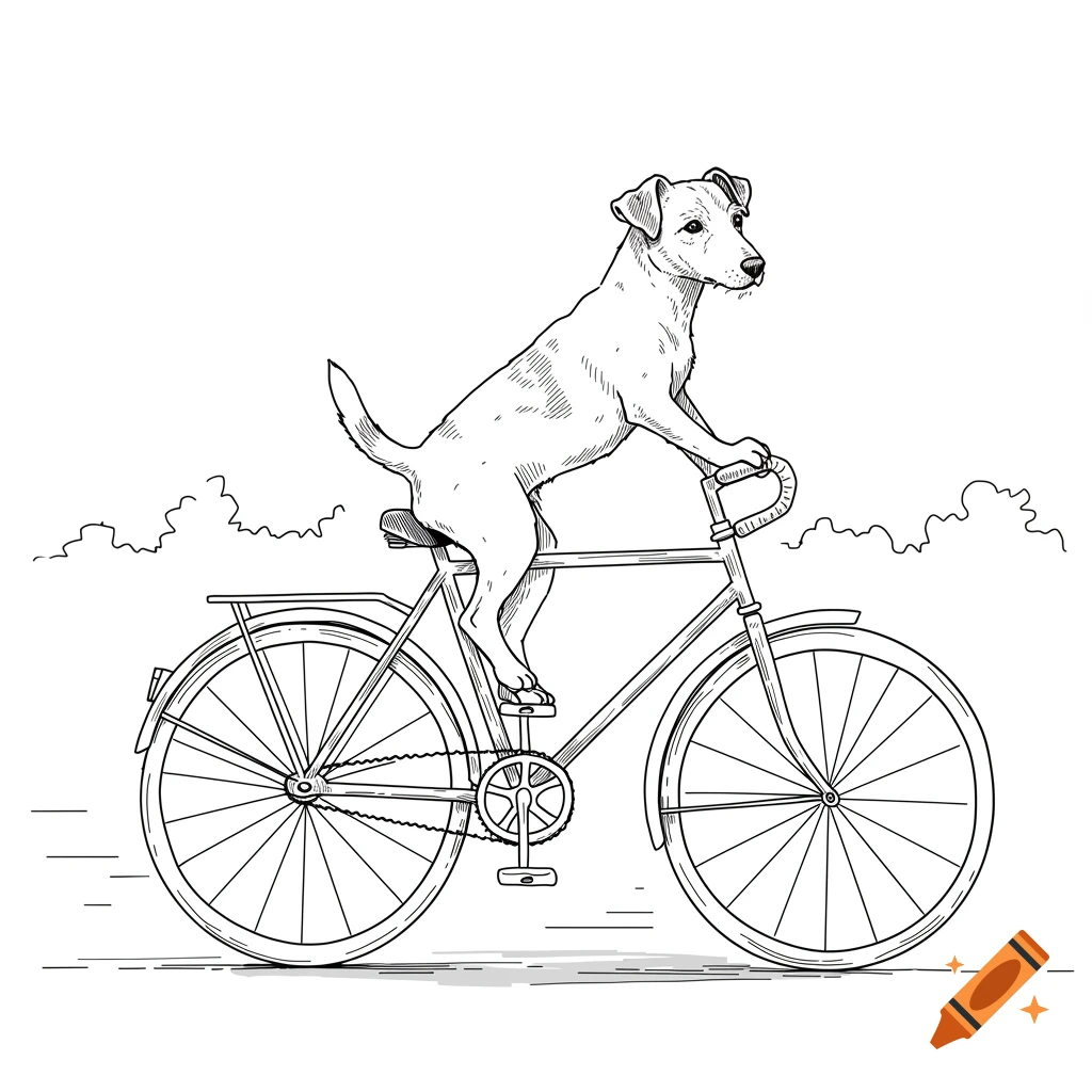 Line drawing of a Jack Russell terrier riding a bicycle on a white background.