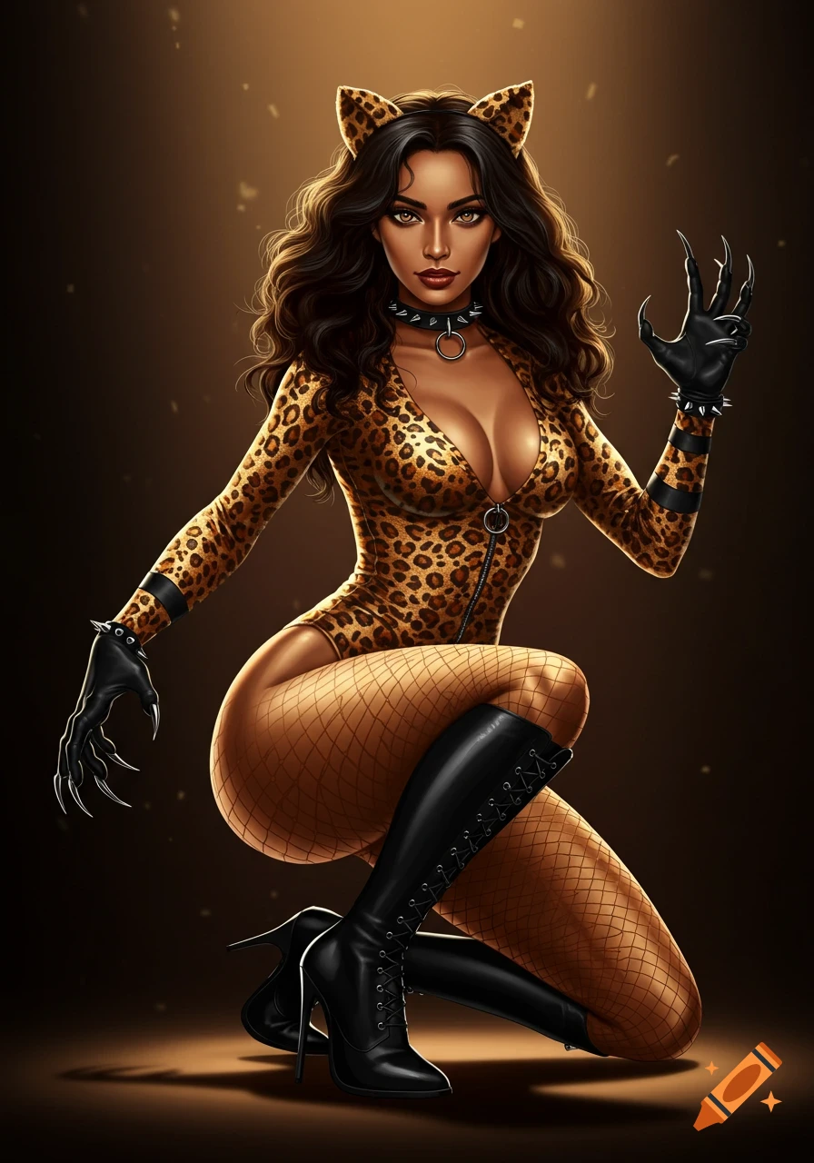 A stylized illustration of a woman in a leopard print leotard, fishnets, cat ears, and black gloves with claws, kneeling.