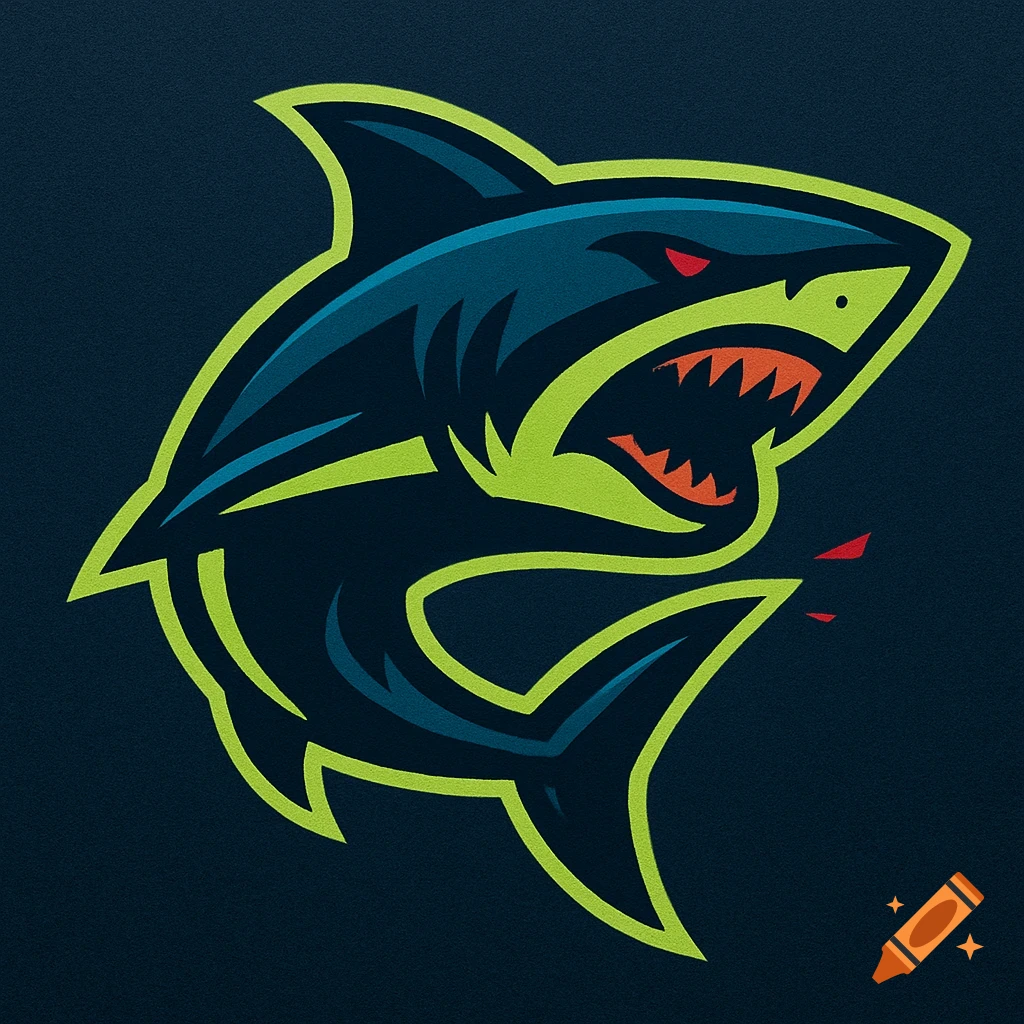 A stylized sports logo featuring an aggressive shark in navy blue, lime green, and red on a dark background.