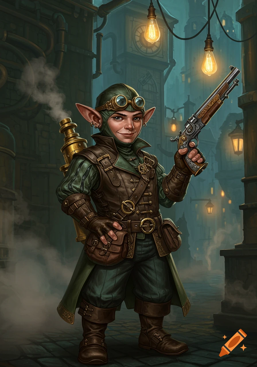 A small, elven-eared character in steampunk goggles and a leather suit, holding a pistol in a gaslit alley.