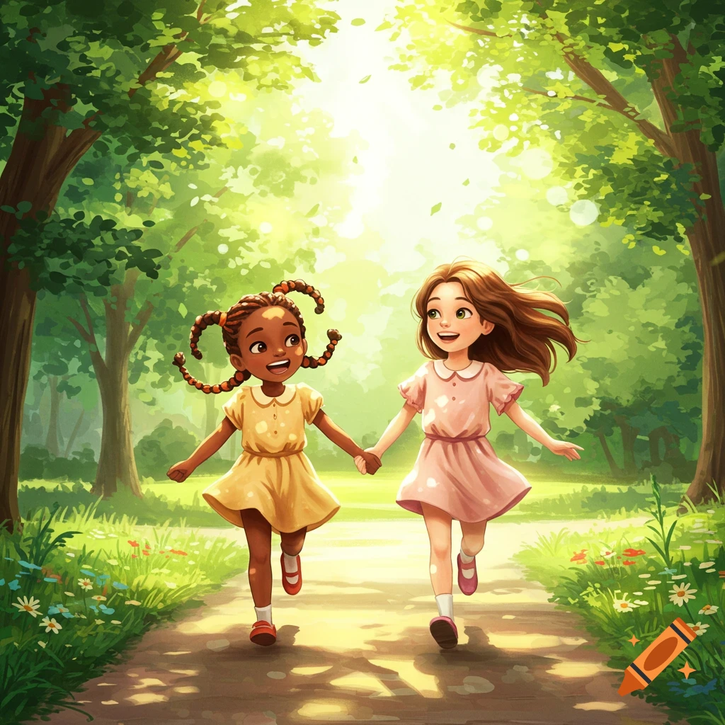 Two smiling cartoon girls, one with dark skin and braided hair, the other with light skin and brown hair, skip hand-in-hand down a sunlit path in a lush green park.