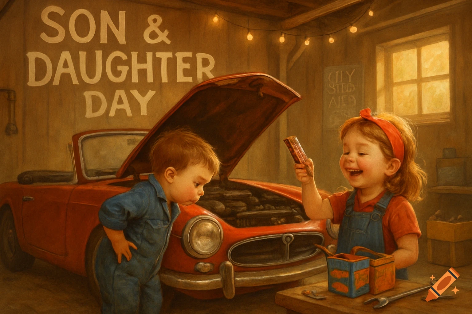 Two young children, a boy in blue overalls and a girl in red overalls, playfully work on a red vintage car with its hood open in a garage. Text on the back wall reads 'SON & DAUGHTER DAY'.