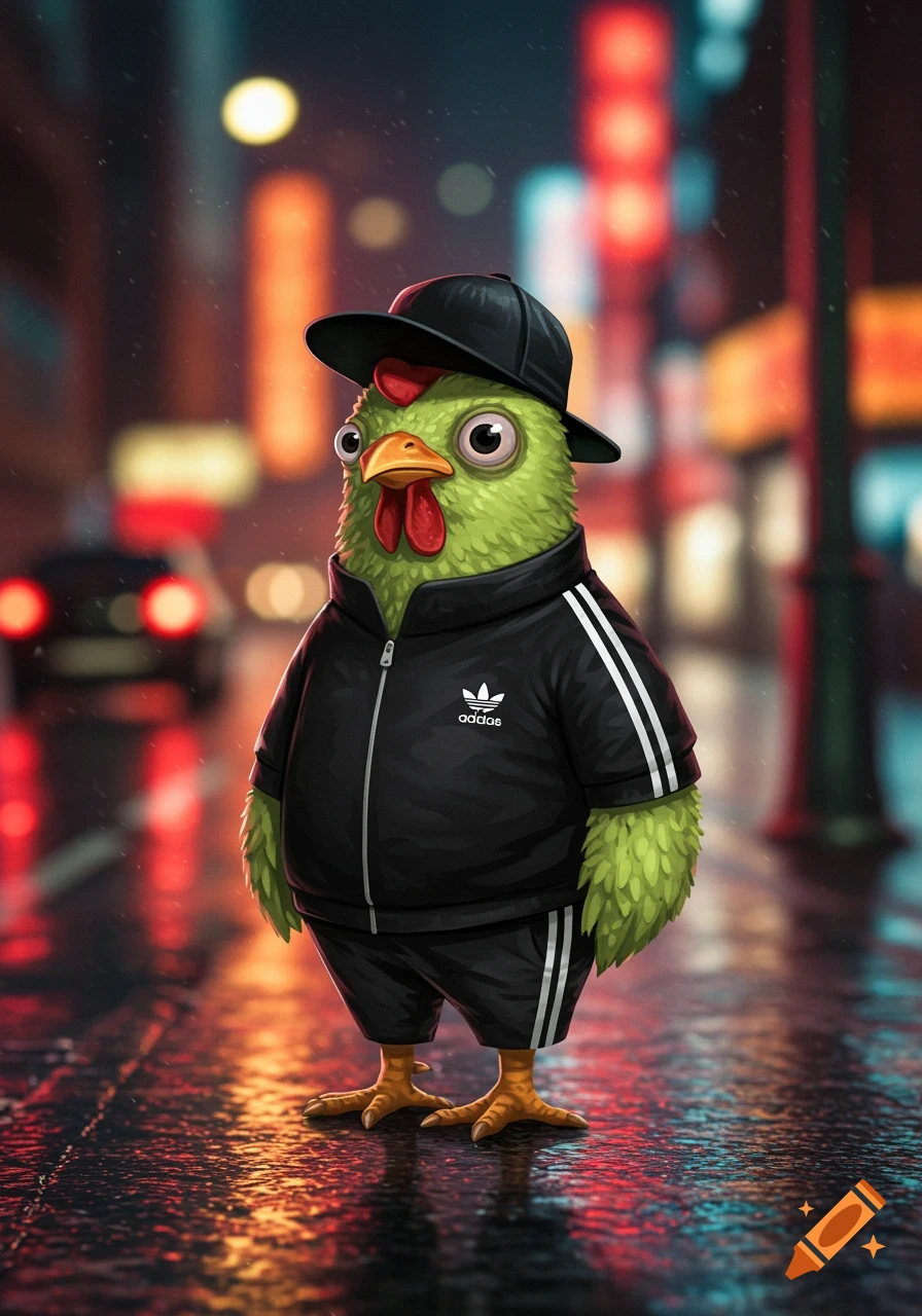 A cartoon green chicken wearing a black tracksuit and a baseball cap stands on a wet city street at night.