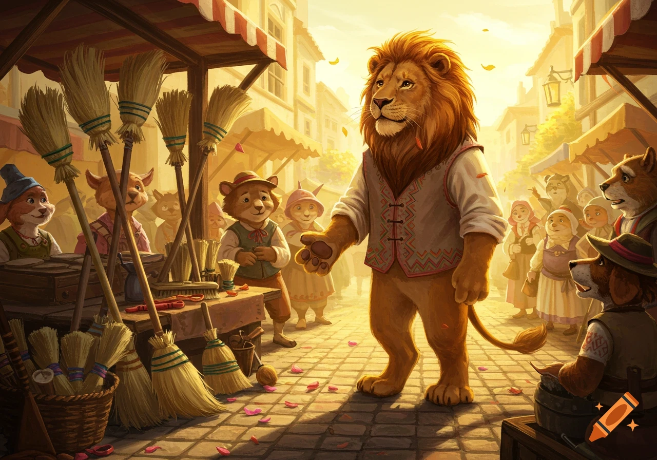 A lion in clothes stands in a bustling market street, surrounded by other anthropomorphic animals and brooms for sale, in a bright, storybook style.
