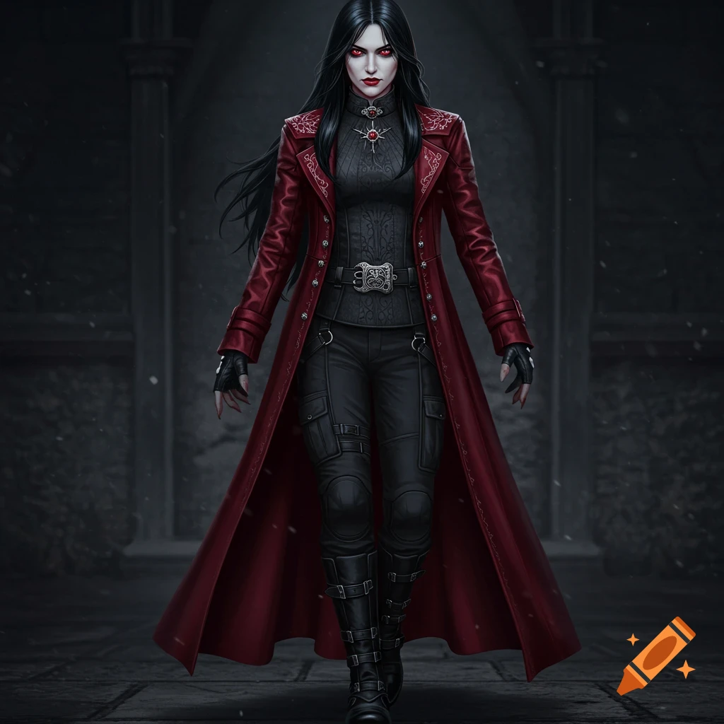 A regal female vampire with long black hair and piercing red eyes stands confidently in a red duster coat and black tactical outfit.