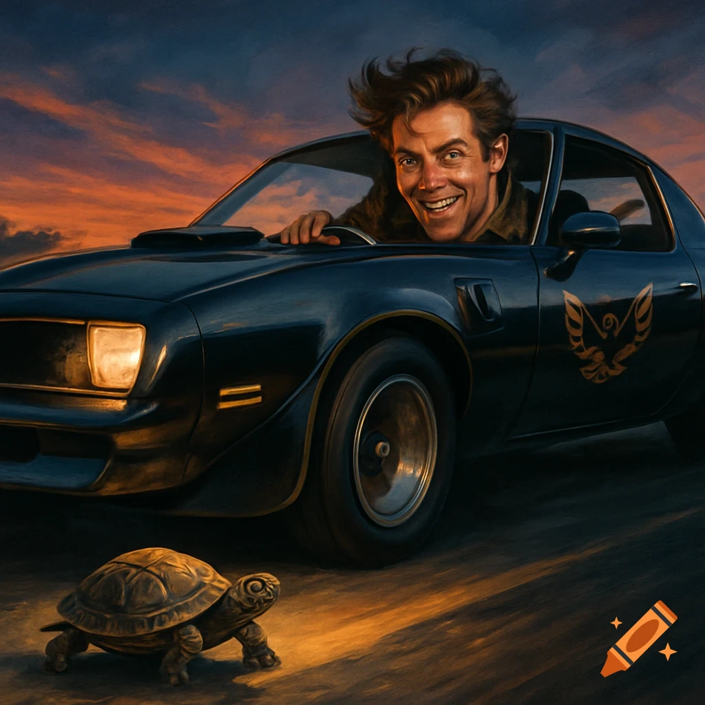 A smiling man in a black classic muscle car looks at a turtle on the road at sunset, in an illustrative style.