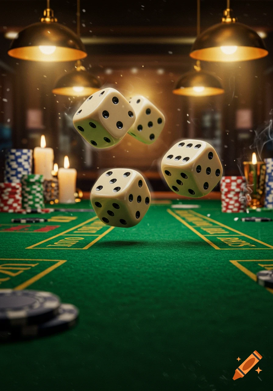 Three white dice float over a green poker table with casino chips, candles, and lamps, photorealistic.
