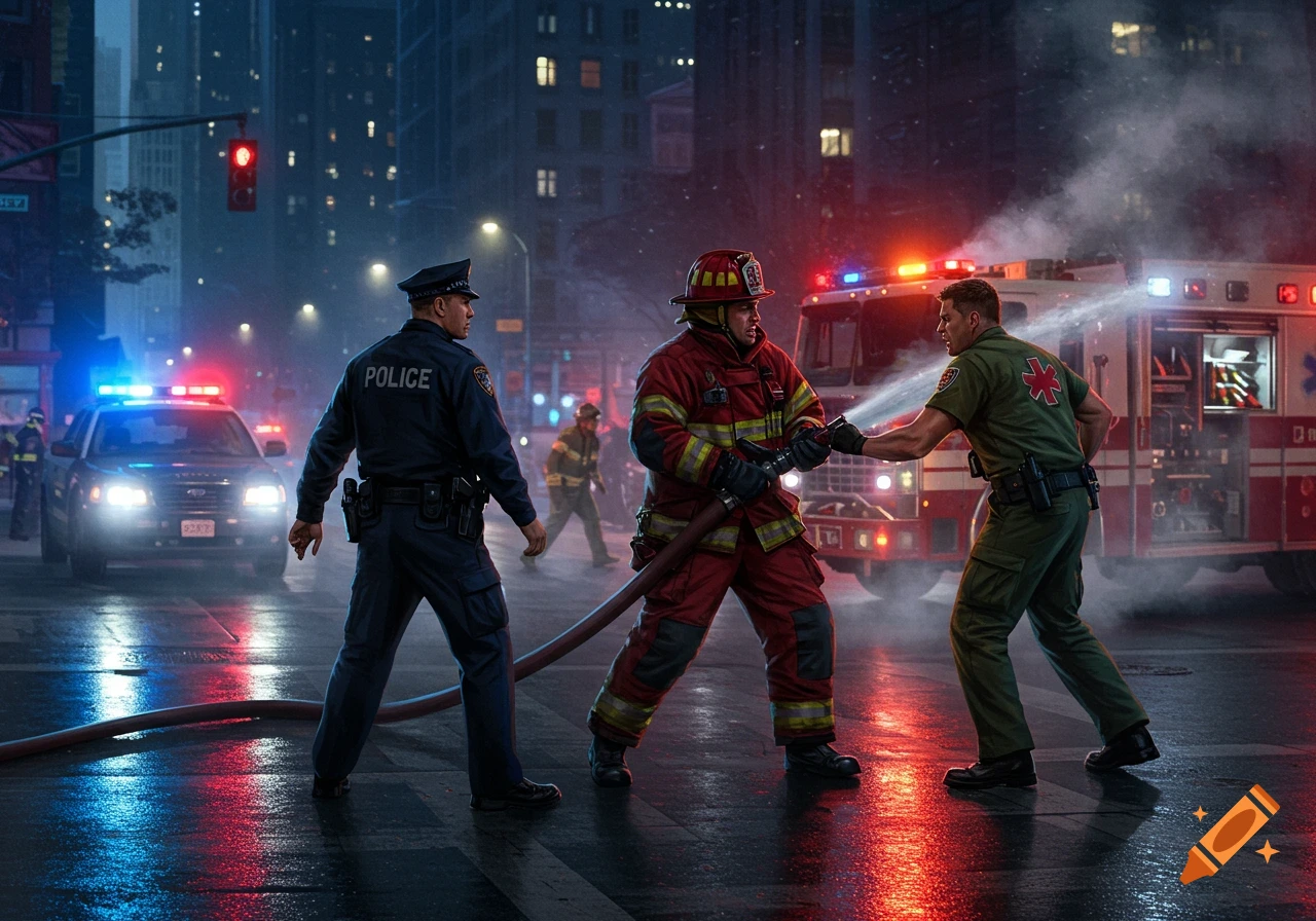 Police officer, firefighter, and paramedic on a wet city street at night with emergency vehicles, photorealistic.