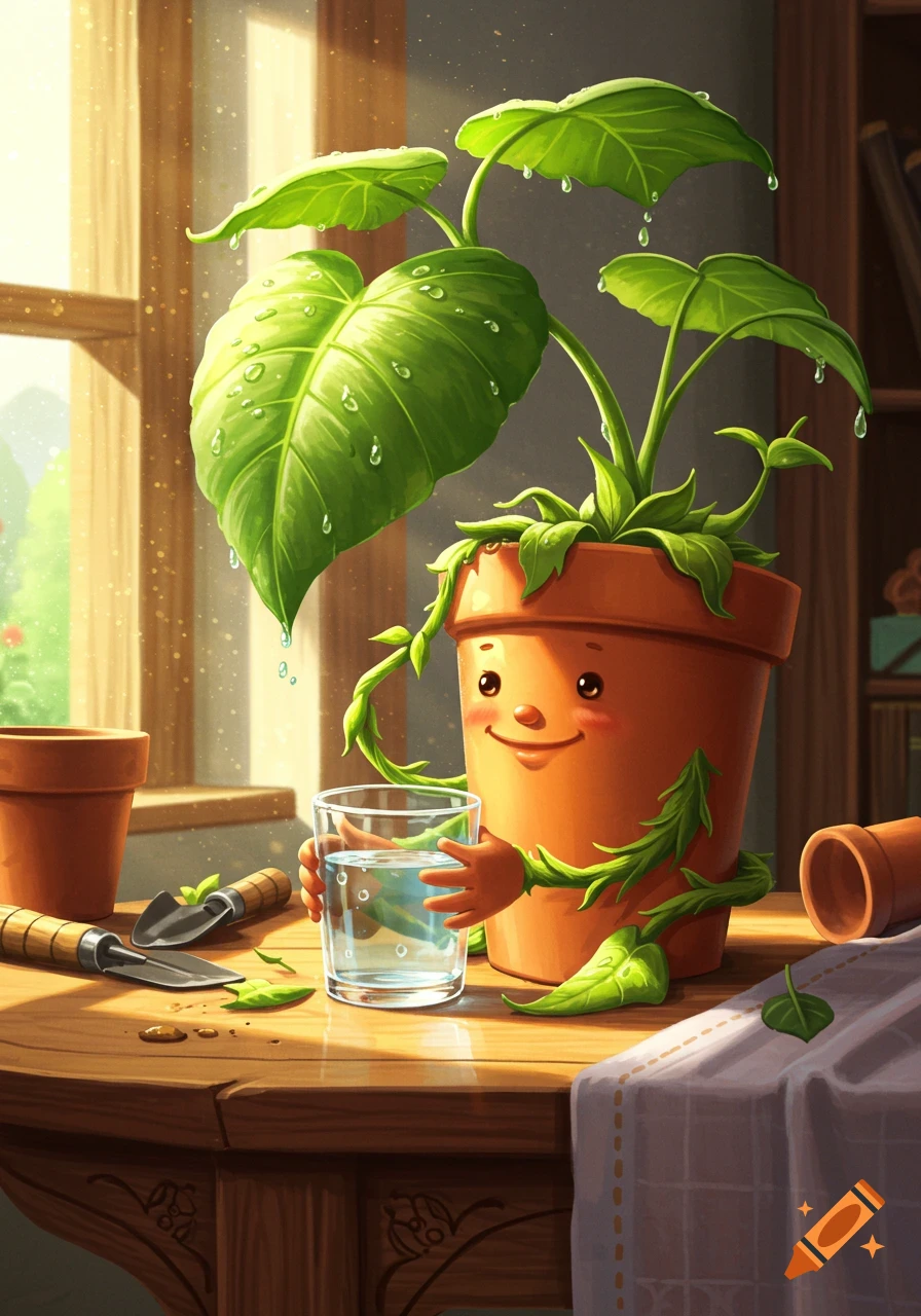 A smiling anthropomorphic potted plant holds a glass of water on a sunlit wooden table with gardening tools nearby.