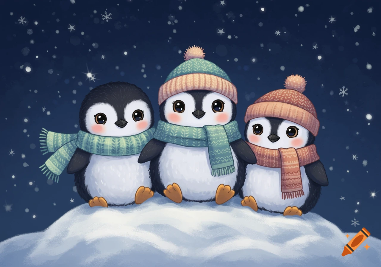 Three cute cartoon penguins wearing hats and scarves sit on a snowy mound under a starry, snowy night sky.