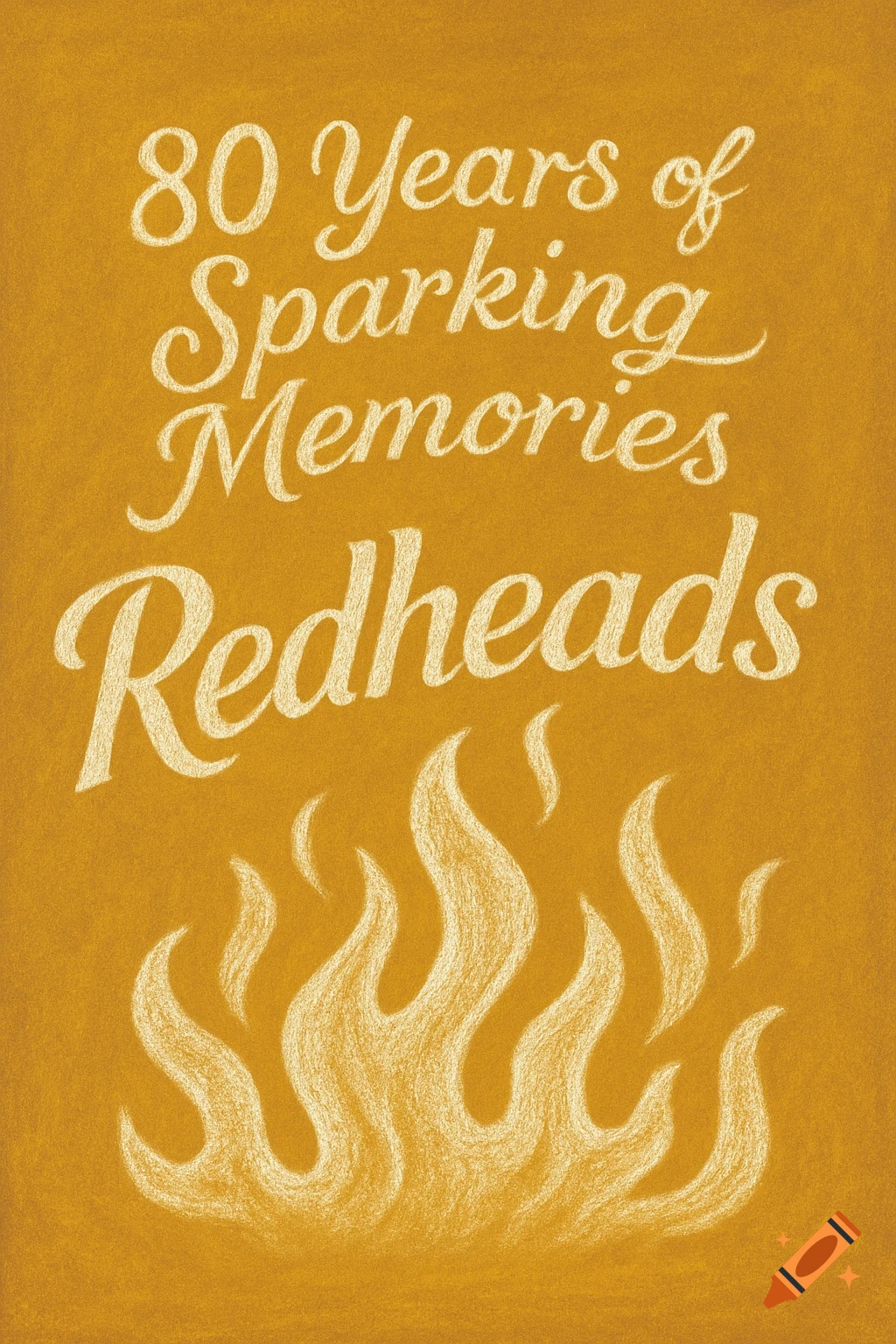 A vintage chalk art illustration on a golden yellow background features white text reading "80 Years of Sparking Memories Redheads" above a stylized drawing of flames.