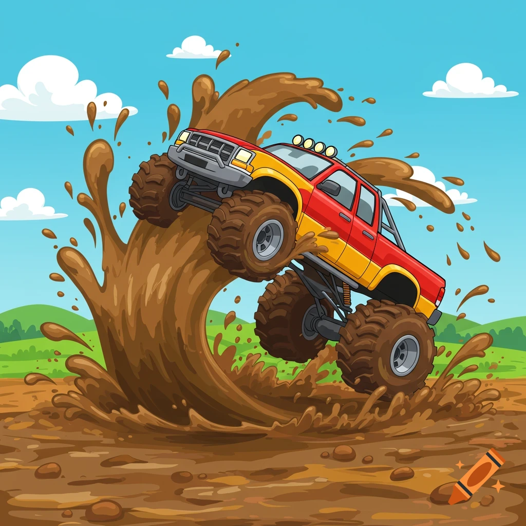 A vibrant red and yellow monster truck drives through a large splash of brown mud, depicted in a cartoon style under a blue sky.