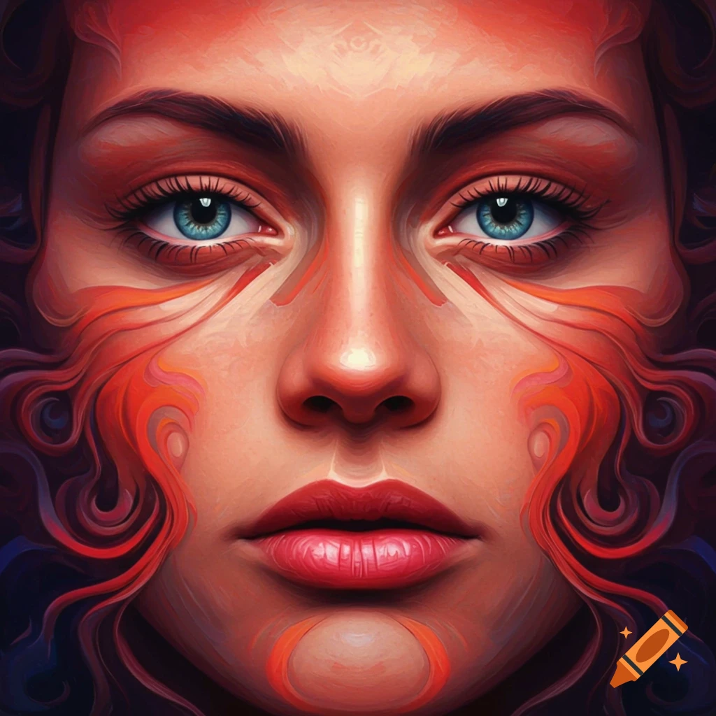 Close-up portrait of a woman with blue eyes and striking red and orange abstract patterns painted on her face and hair.