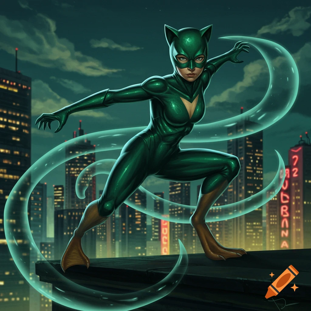 A female superhero with cat ears and duck feet in a green suit perches on a rooftop at night, surrounded by glowing green energy, with city buildings in the background.