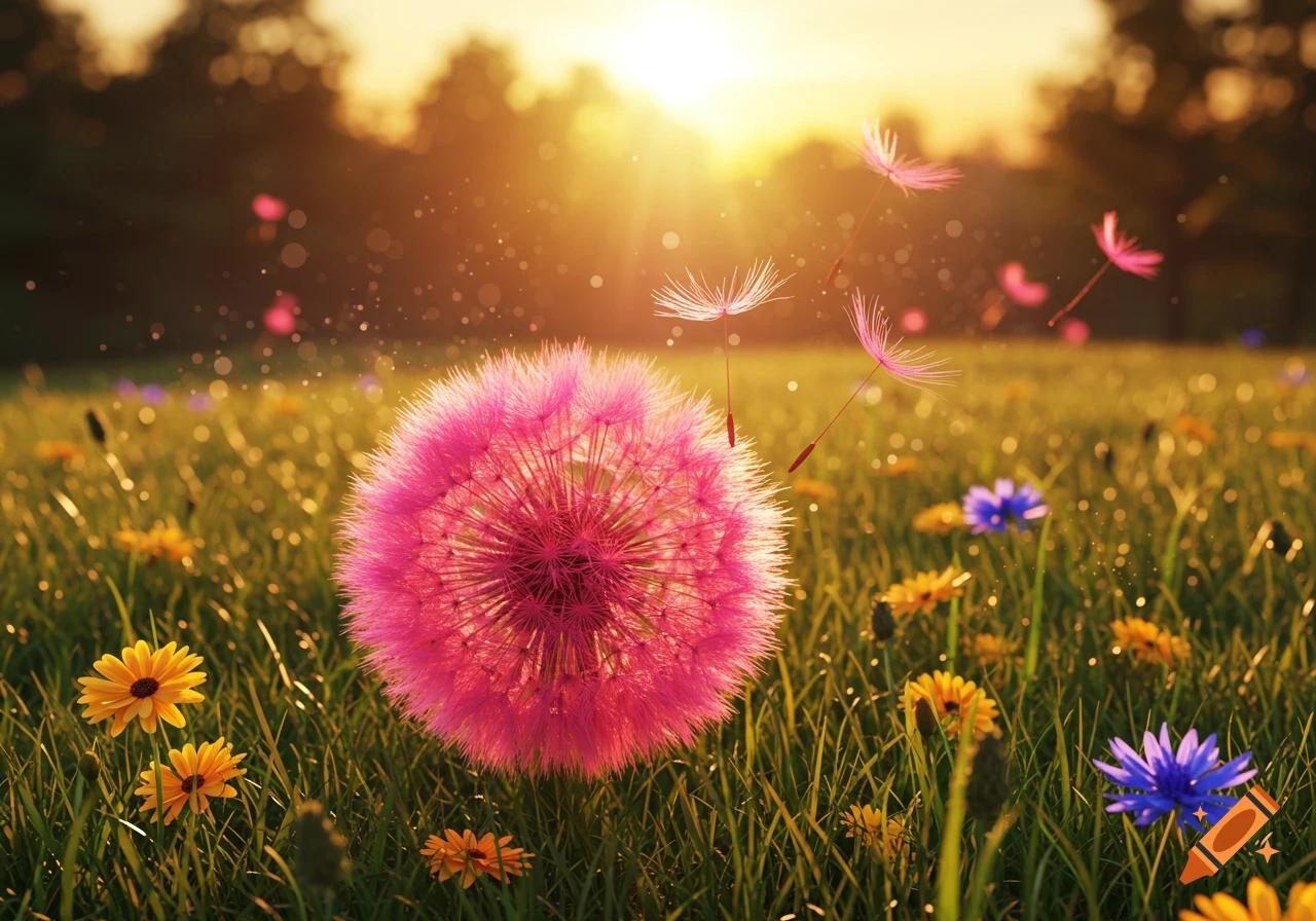 Vibrant pink dandelion puffball releasing seeds in a golden sunset field with wildflowers, photorealistic.
