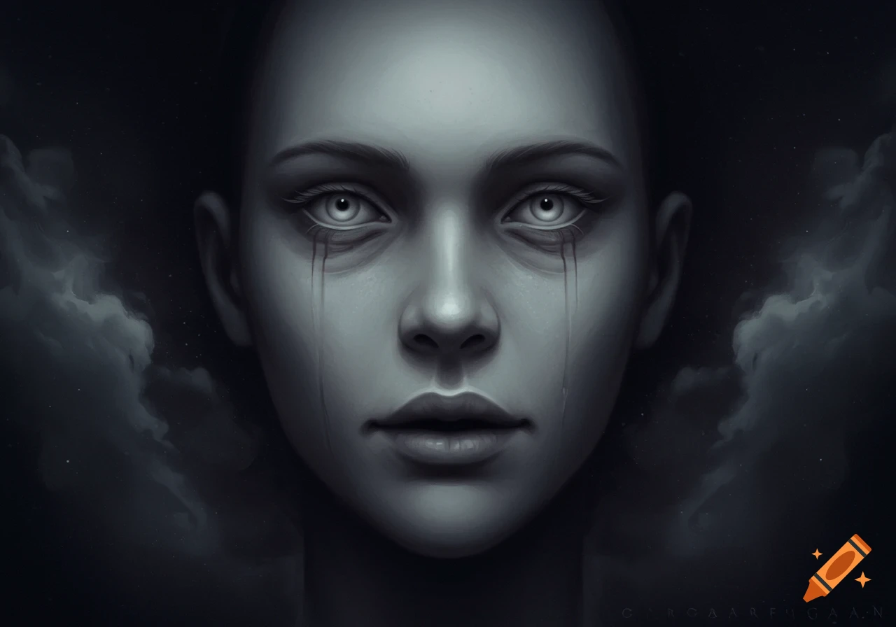 A close-up grayscale portrait of a person's face with wide, still eyes and dark streaks running down from them, against a dark, cloudy background.