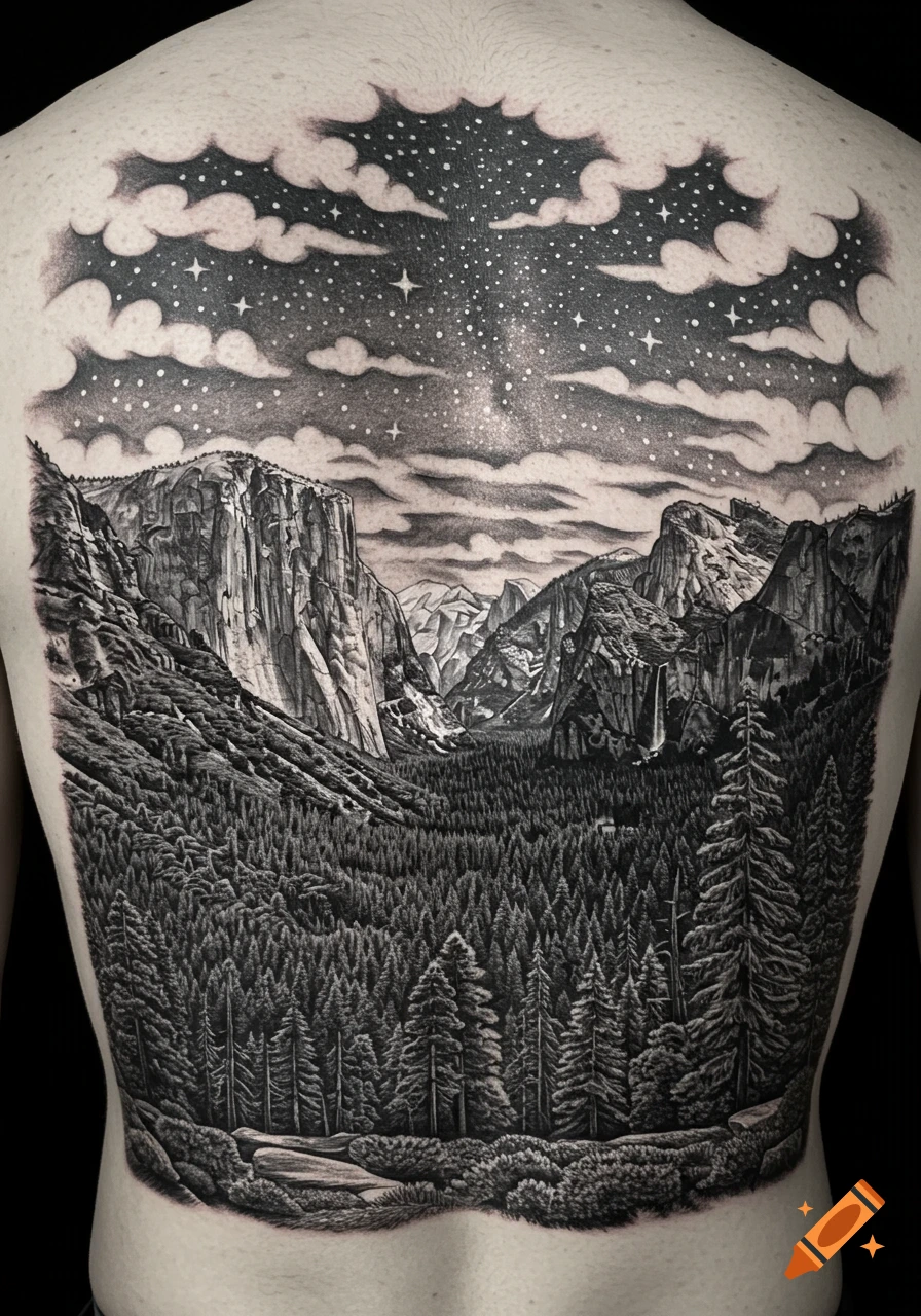 Black and white tattoo on a person's back depicting Yosemite Valley with mountains, dense forest, and a starry night sky with clouds.