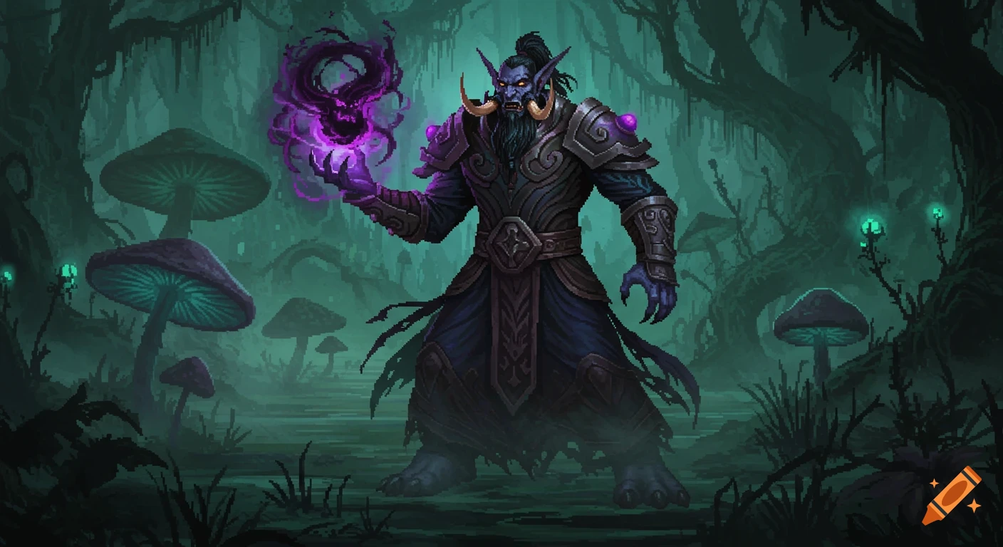 Pixel art of a blue-skinned troll warlock with tusks and armor casting a purple shadow spell in a dark swamp with glowing mushrooms.