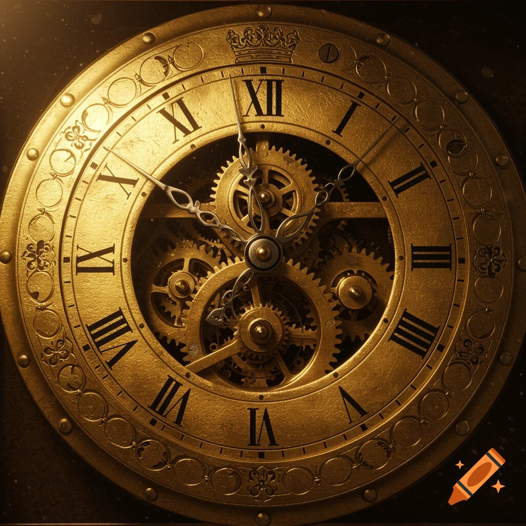 Close-up of a golden antique clock face with Roman numerals, intricate visible gears, and decorative hands.