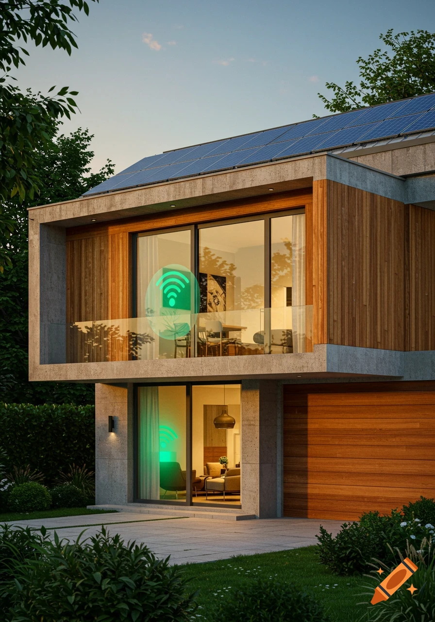 Photorealistic image of a modern smart home with solar panels and a green Wi-Fi signal icon.