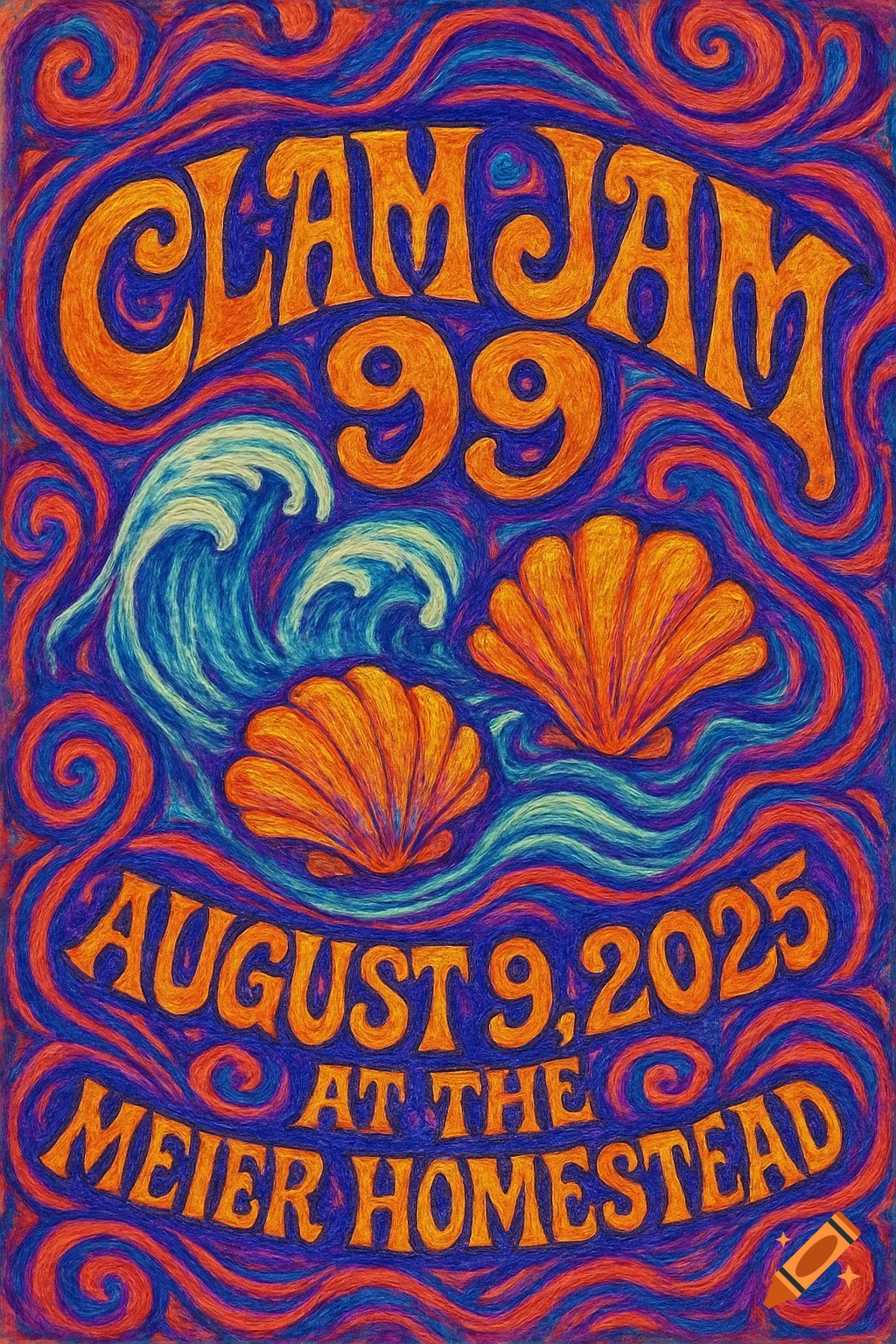 A vibrant 1960s psychedelic concert poster in a hand-drawn style. It features orange text "CLAM JAM 99" at the top, blue waves, and orange seashells. Below are the date "AUGUST 9, 2025" and location "AT THE MEIER HOMESTEAD" in similar orange text, all against a swirling blue and red background.